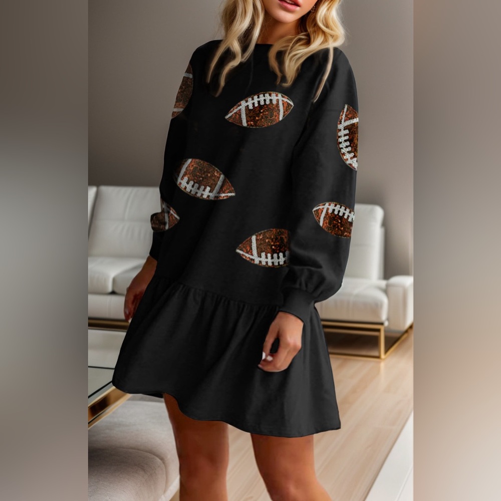 Black Long Sleeve Football Sequin Round Neck Dropped Shoulder Mini Dress